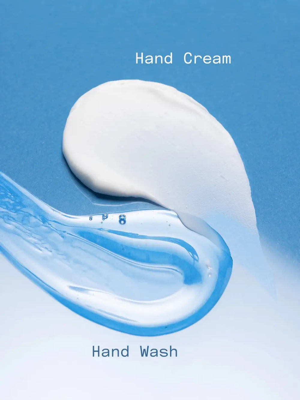 Swatches of white cream and clear gel formula displaying the Dedcool Hand Wash Refill Xtra Milk and matching hand cream on a blue background | Twentyseven