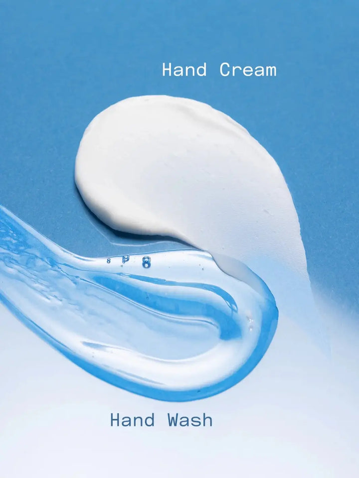 Swatches of white cream and clear gel formula displaying the Dedcool Hand Wash Refill Xtra Milk and matching hand cream on a blue background | Twentyseven