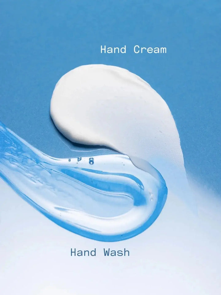Swatches of clear gel and white lotion are displayed on a blue background showing textures of hand cream and Dedcool Hand Wash 01 "Taunt" | Twentyseven Toronto