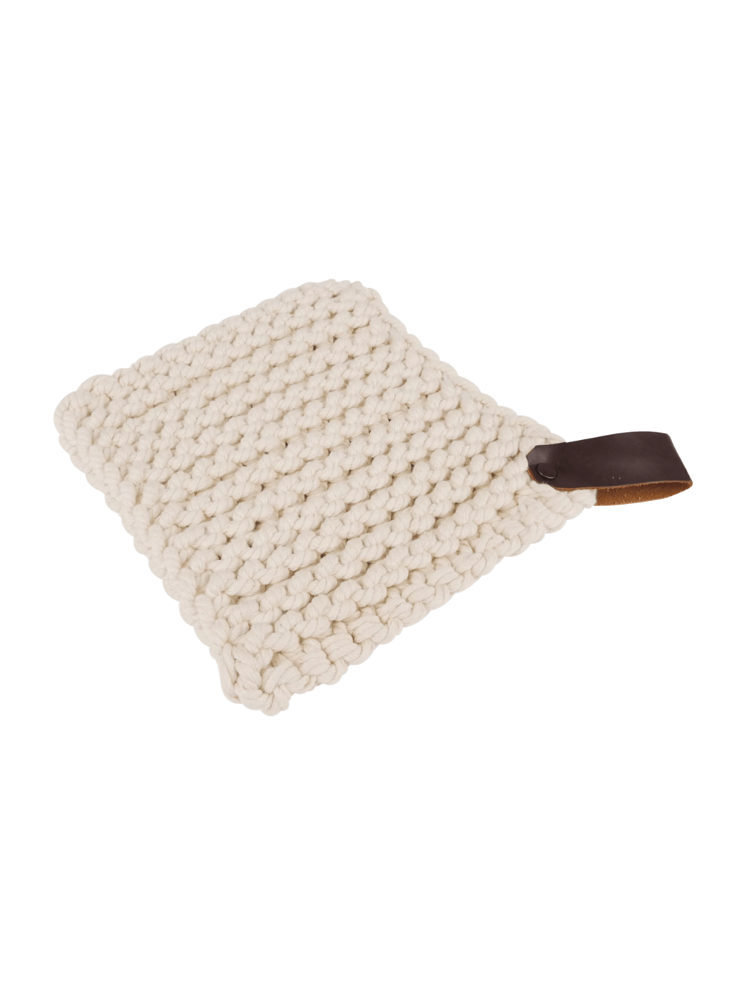 White knitted trivet with a brown leather strap from Burstenhaus Redecker on a black background | Twentyseven Toronto