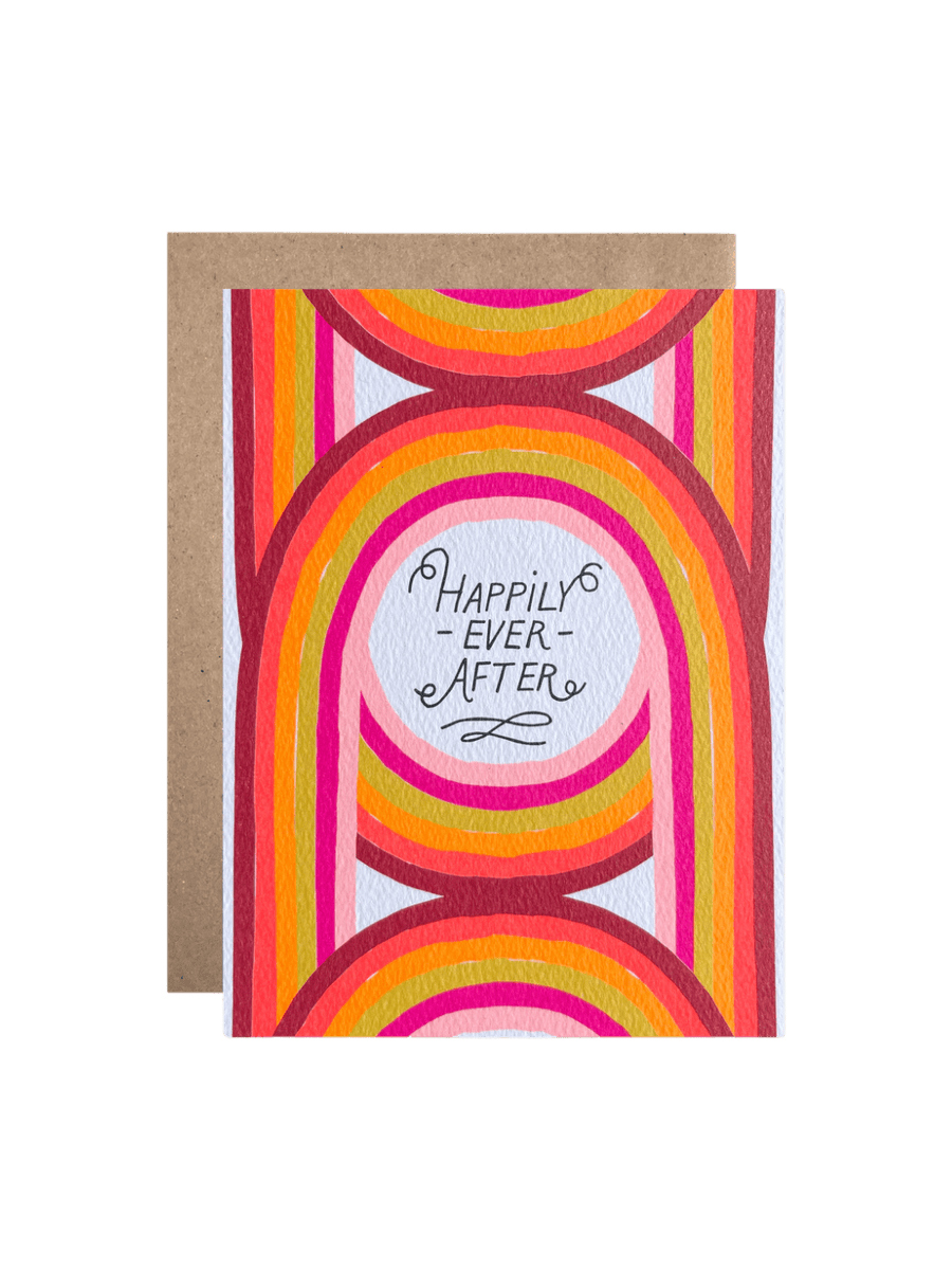 The Hartland Cards Happily Ever After Neon Arches Card features a bold, retro-inspired pattern of interlocking arches in neon pink, orange, yellow, and deep red. In the center, a white circular cutout framed in light pink contains the hand-lettered words "HAPPILY -EVER- AFTER" in a black decorative font with delicate swirls | Twentyseven 