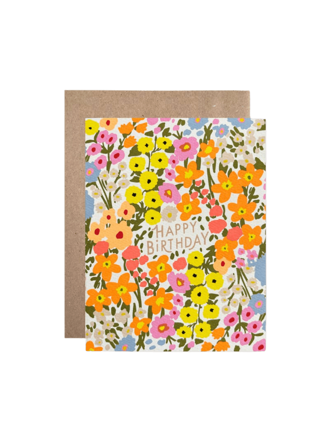 The Hartland Cards Happy Birthday Anna's Garden Card features a dense, vibrant pattern of illustrated wildflowers in shades of yellow, orange, pink, and light blue, with the words "HAPPY BIRTHDAY" printed in a soft tan font in the center, paired with a brown kraft envelope | Twentyseven