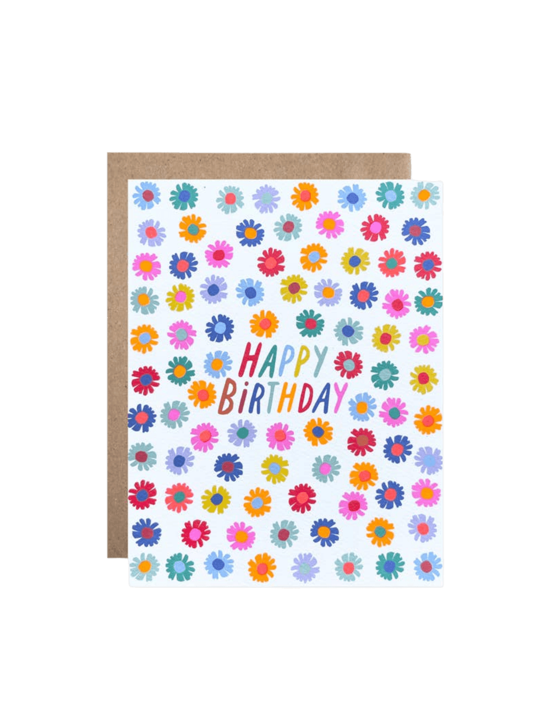 The Hartland Cards Happy Birthday Darling Daisies Card features a white background decorated with a dense, repeating pattern of small illustrated daisies in a vibrant mix of pink, orange, yellow, blue, red, and purple. In the center, the words "HAPPY BIRTHDAY" are written in a playful, multi-colored font, paired with a brown kraft envelope | Twentyseven