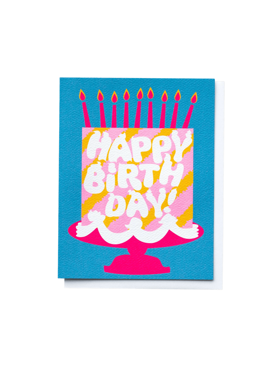 The Banquet Workshop Happy Birthday Pink Cake Dreams Note Card features a bold illustration of a pink and yellow striped birthday cake on a hot pink stand, complete with nine burning candles, set against a vibrant blue background | Twentyseven