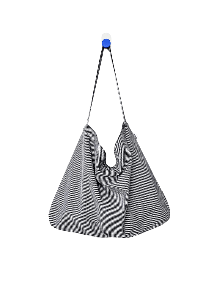 Le Bon Shoppe Happy Carry Tote Bag in 'Blue Stripe' design on a transparent background | Twentyseven Toronto