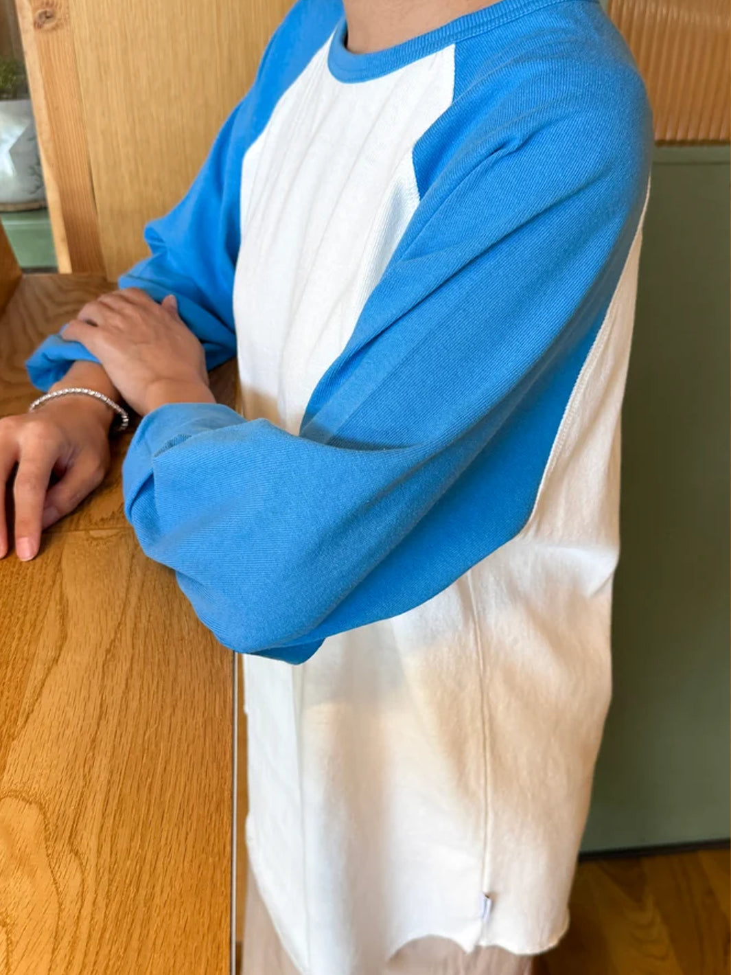 Side view of the Le Bon Shoppe Heavy Cotton Raglan showing the blue raglan sleeves and relaxed fit | Twentyseven Toronto