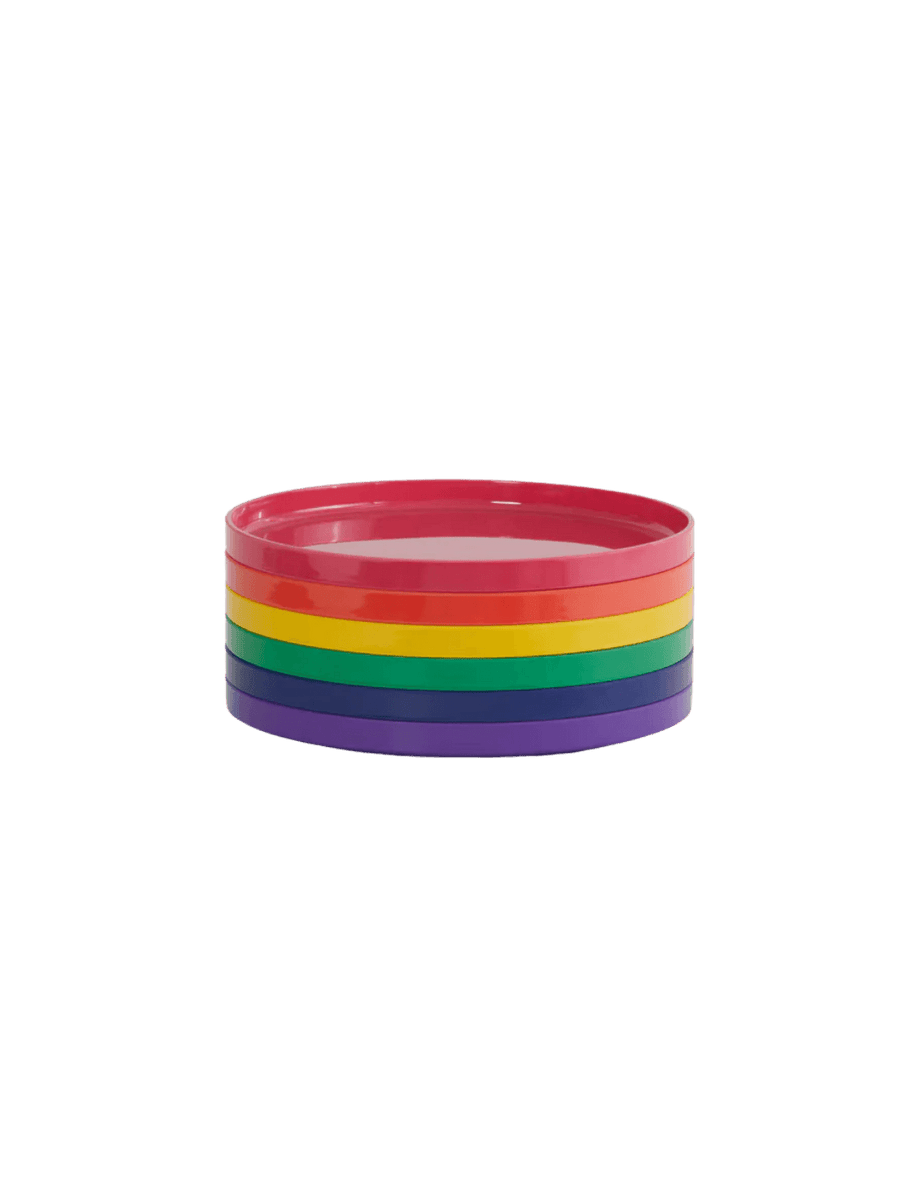 Stack of rainbow-colored plates from the Heller Max Dinnerware 7.5 inch Maxplate in Rainbow - Set of 6 on a transparent background | Twentyseven Toronto