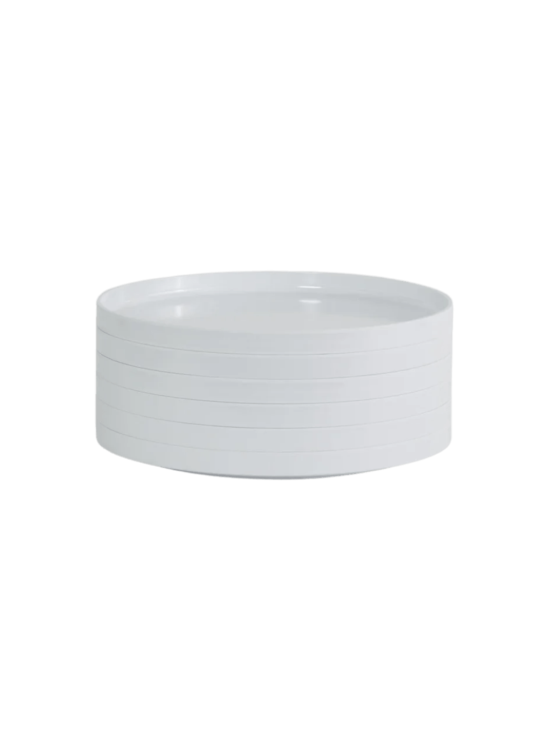 Stack of white plates from the Heller Max Dinnerware 9.75 inch Maxplate in White - Set of 6 on a transparent background | Twentyseven Toronto