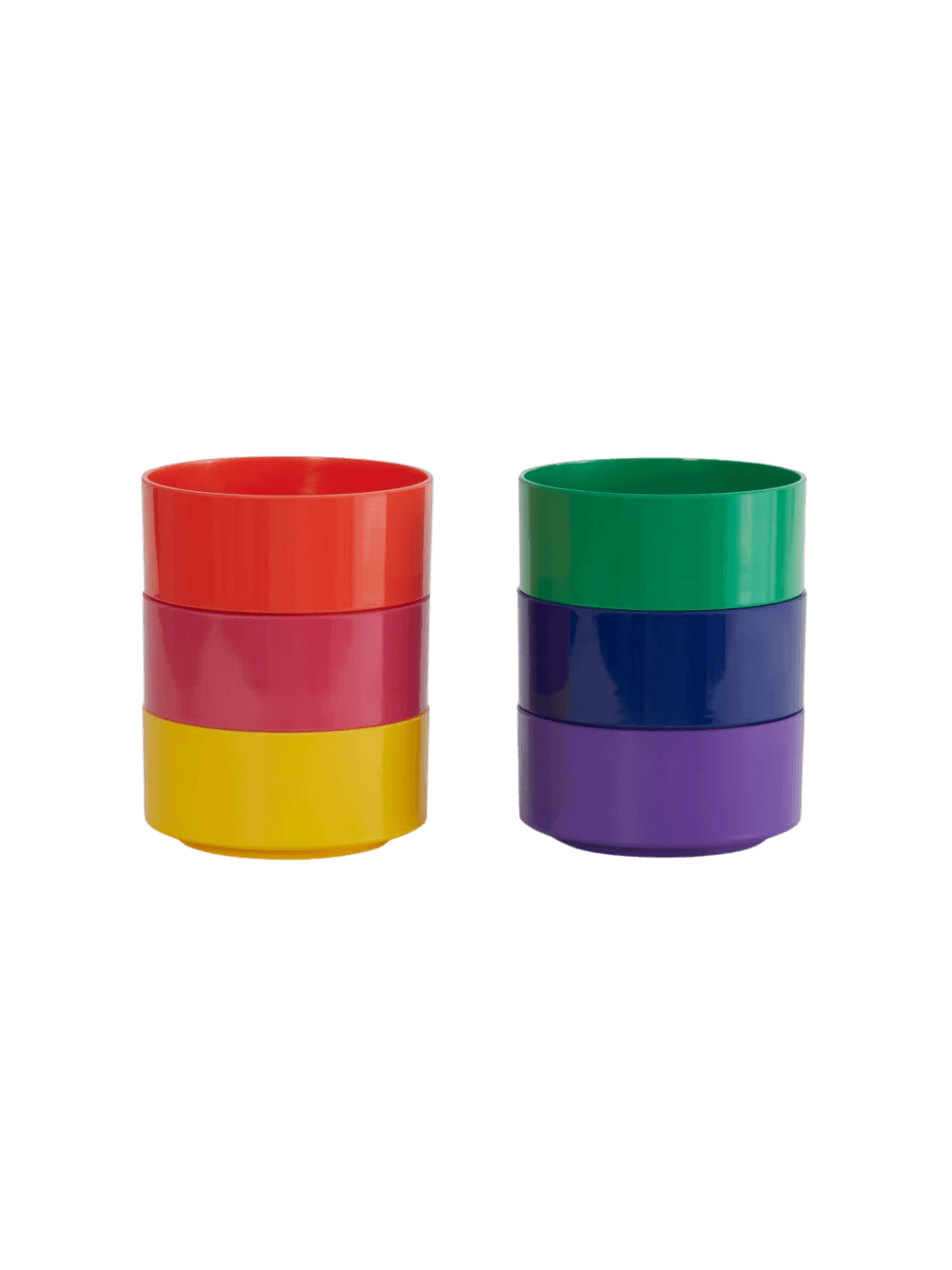 The Heller Max Dinnerware Maxbowl in Rainbow - Set of 6 is displayed as two separate stacks of three vibrant, multi-coloured bowls | Twentyseven Toronto