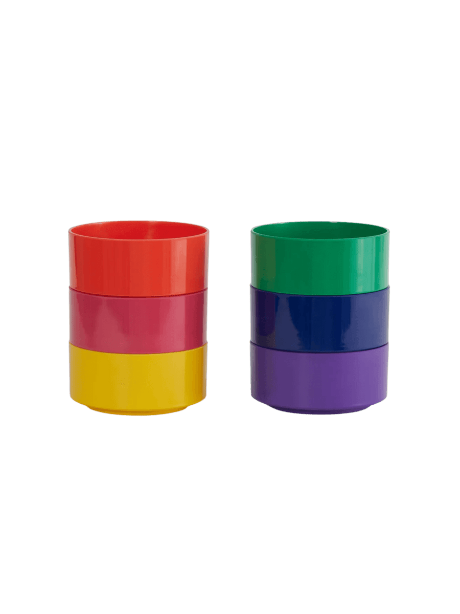 The Heller Max Dinnerware Maxbowl in Rainbow - Set of 6 is displayed as two separate stacks of three vibrant, multi-coloured bowls | Twentyseven Toronto