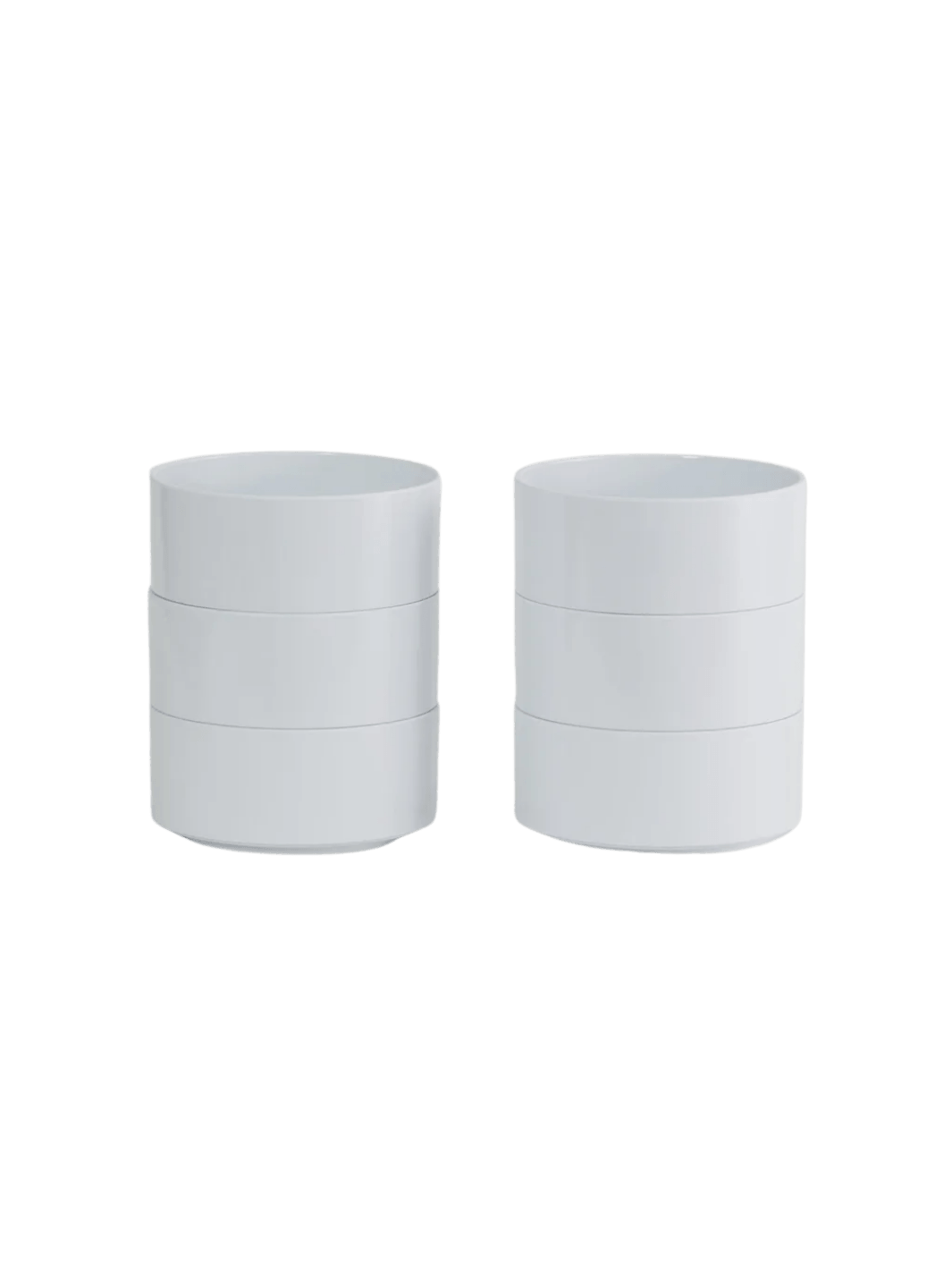 The Heller Max Dinnerware Maxbowl in White - Set of 6 is displayed as two separate stacks of three sleek white bowls | Twentyseven Toronto