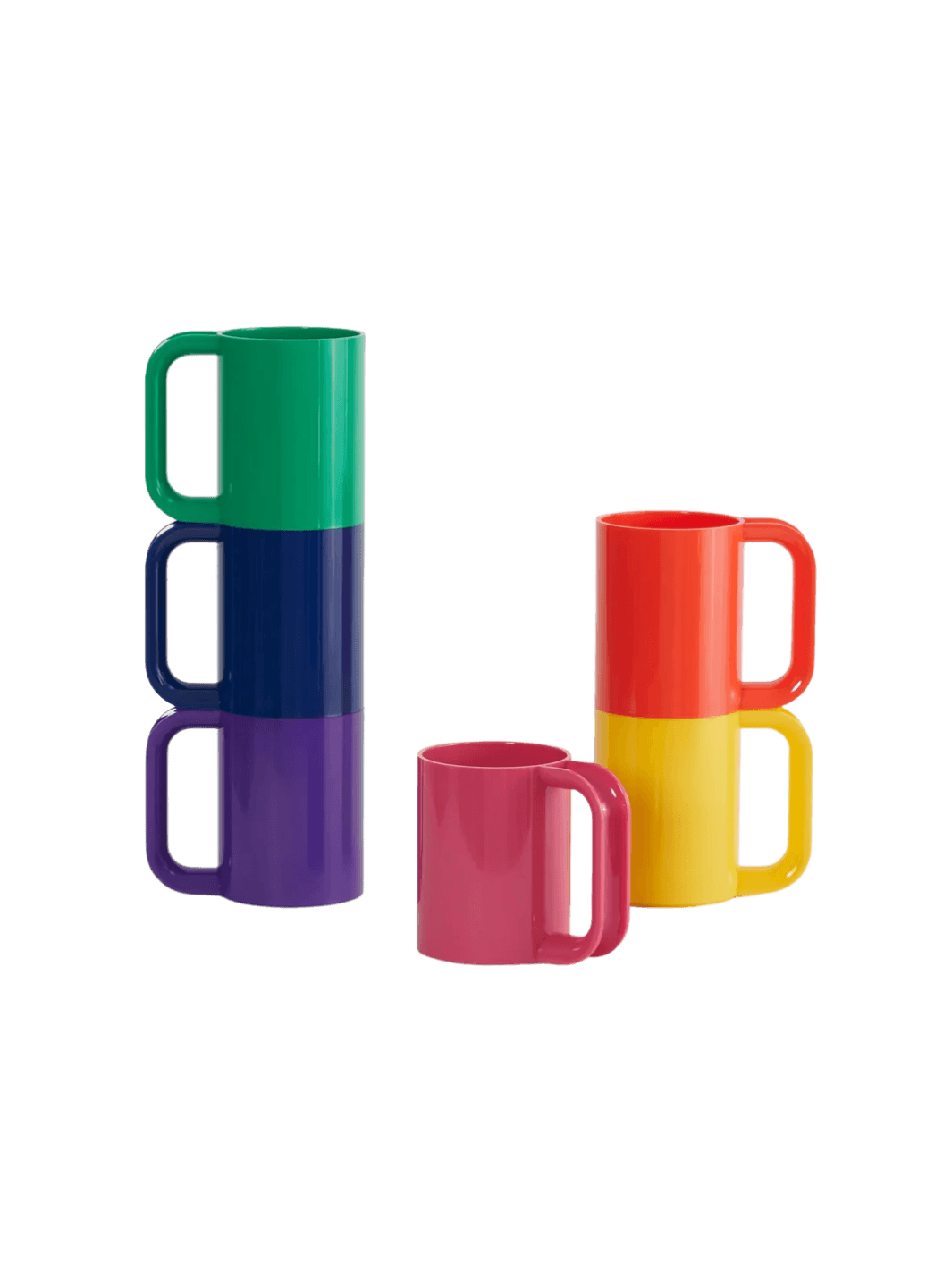 A set of colourful mugs separated into a stack of three cool-toned mugs, a stack of two warm-toned mugs, and a single pink mug sitting in front from the The Heller Max Dinnerware Maxmug in Rainbow - Set of 6 | Twentyseven Toronto