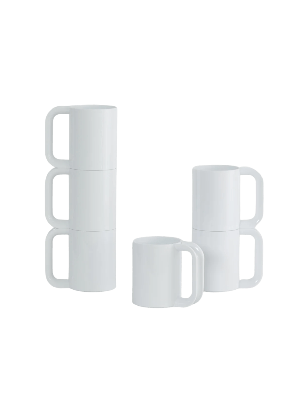 A set of white mugs separated into stacks from the The Heller Max Dinnerware Maxmug in White - Set of 6 | Twentyseven Toronto