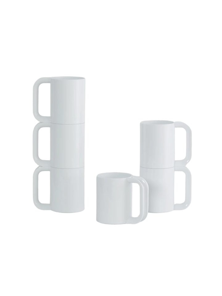 A set of white mugs separated into stacks from the The Heller Max Dinnerware Maxmug in White - Set of 6 | Twentyseven Toronto
