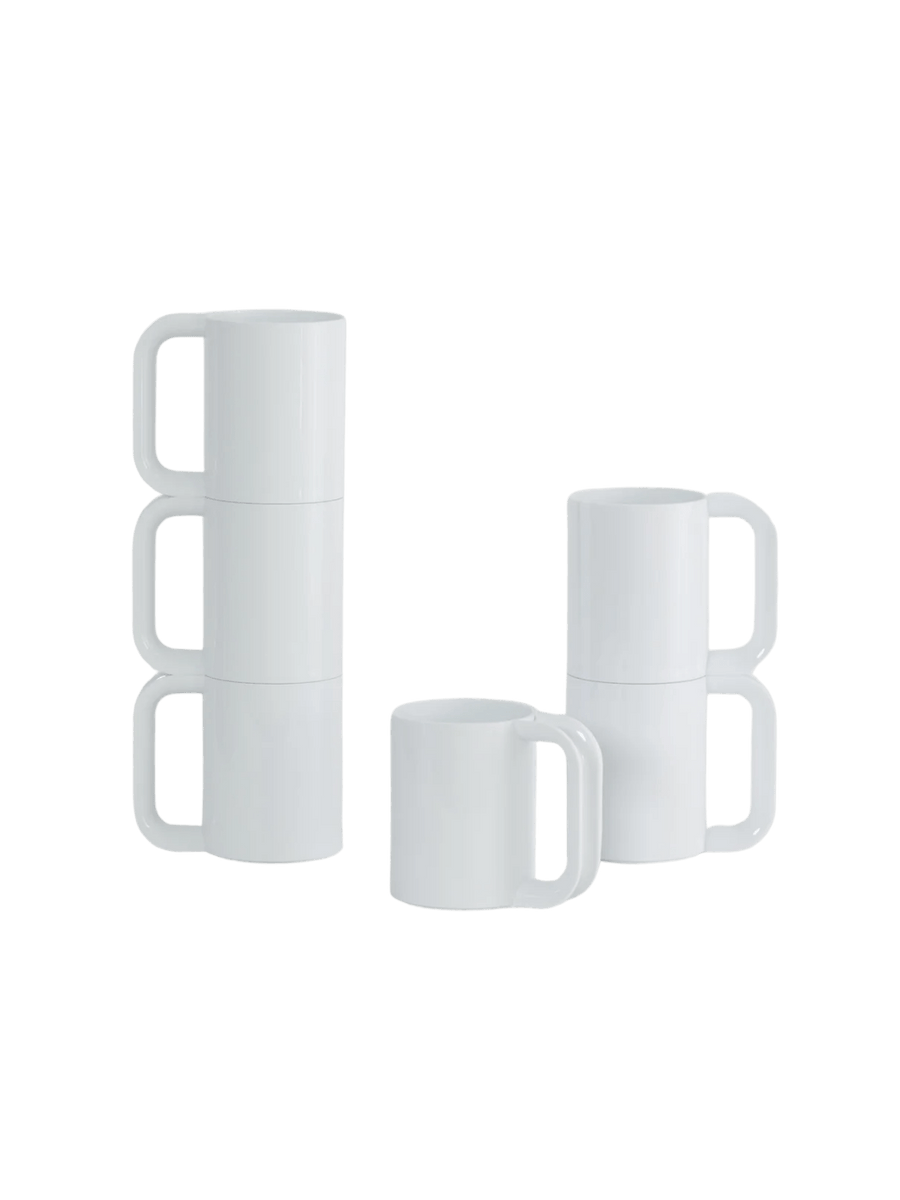 A set of white mugs separated into stacks from the The Heller Max Dinnerware Maxmug in White - Set of 6 | Twentyseven Toronto