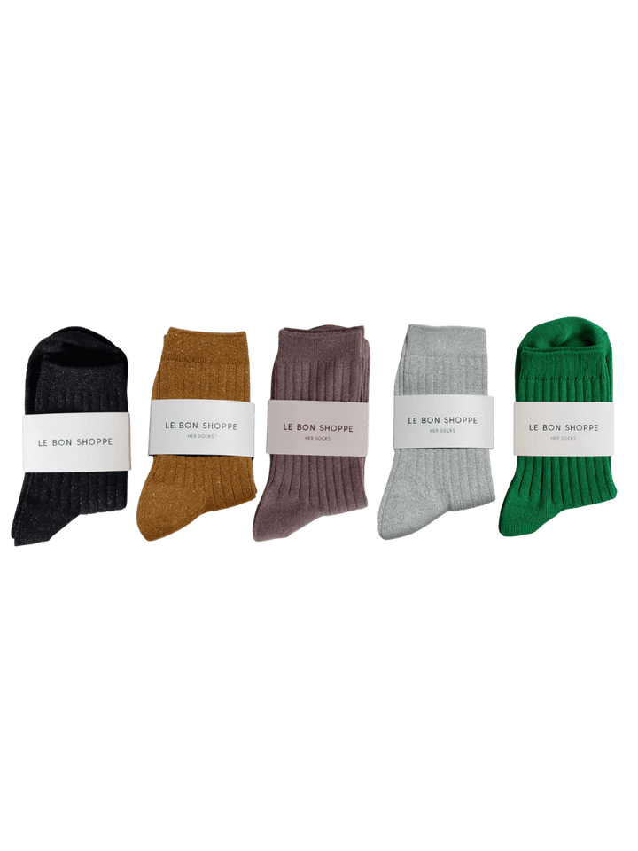 Five pairs of Le Bon Shoppe Her Socks in 'Copper Black', 'Mustard Glitter', 'Jute Glitter', 'Snow White', and 'Kelly Green' | Twentyseven Toronto
