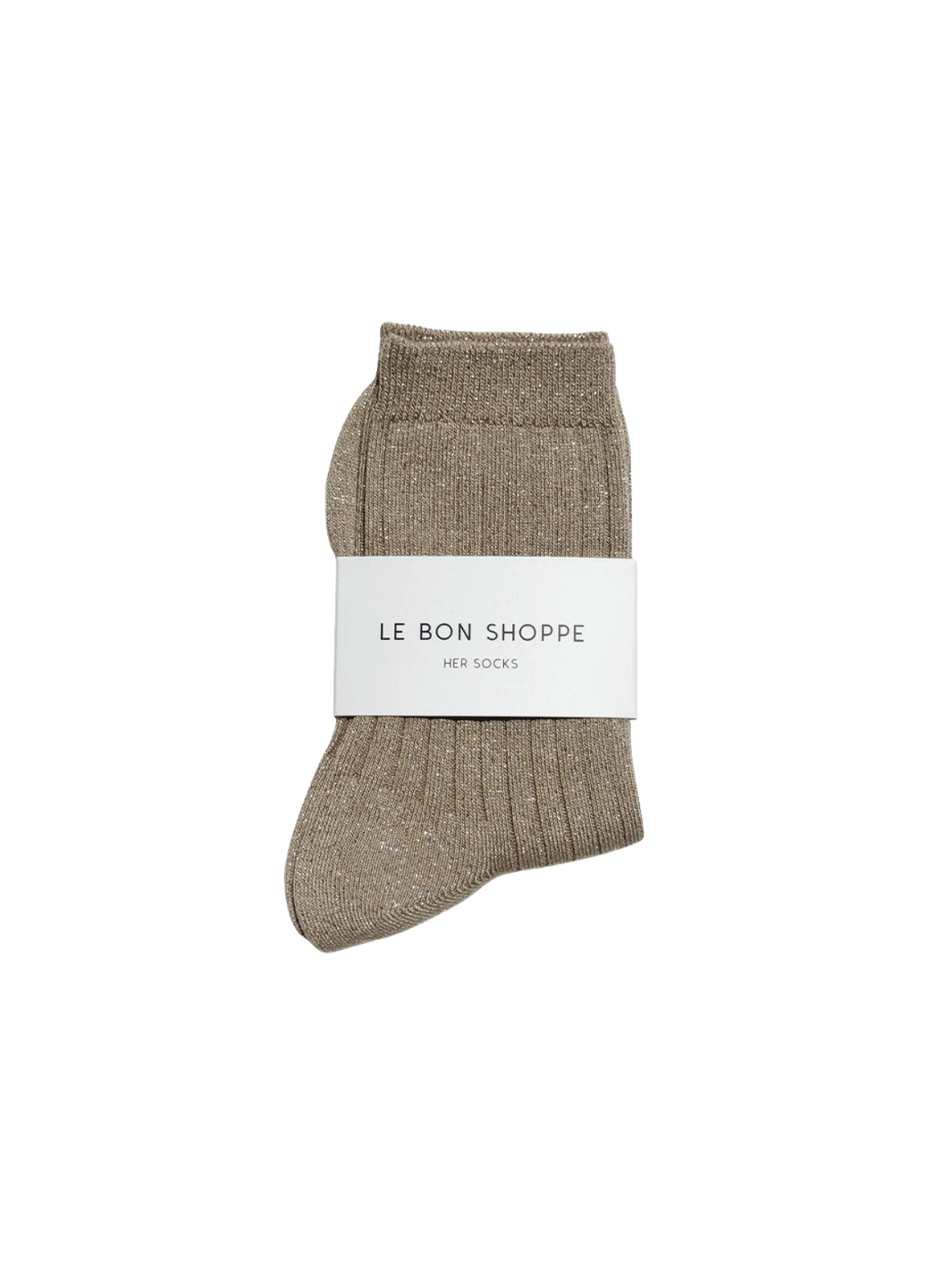 Le Bon Shoppe Her Socks Lurex in Ash Glitter folded with branded packaging, featuring a ribbed knit and metallic shimmer | Twentyseven Toronto