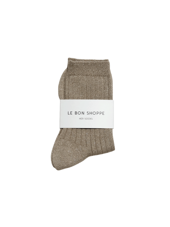 Le Bon Shoppe Her Socks Lurex in Ash Glitter folded with branded packaging, featuring a ribbed knit and metallic shimmer | Twentyseven Toronto
