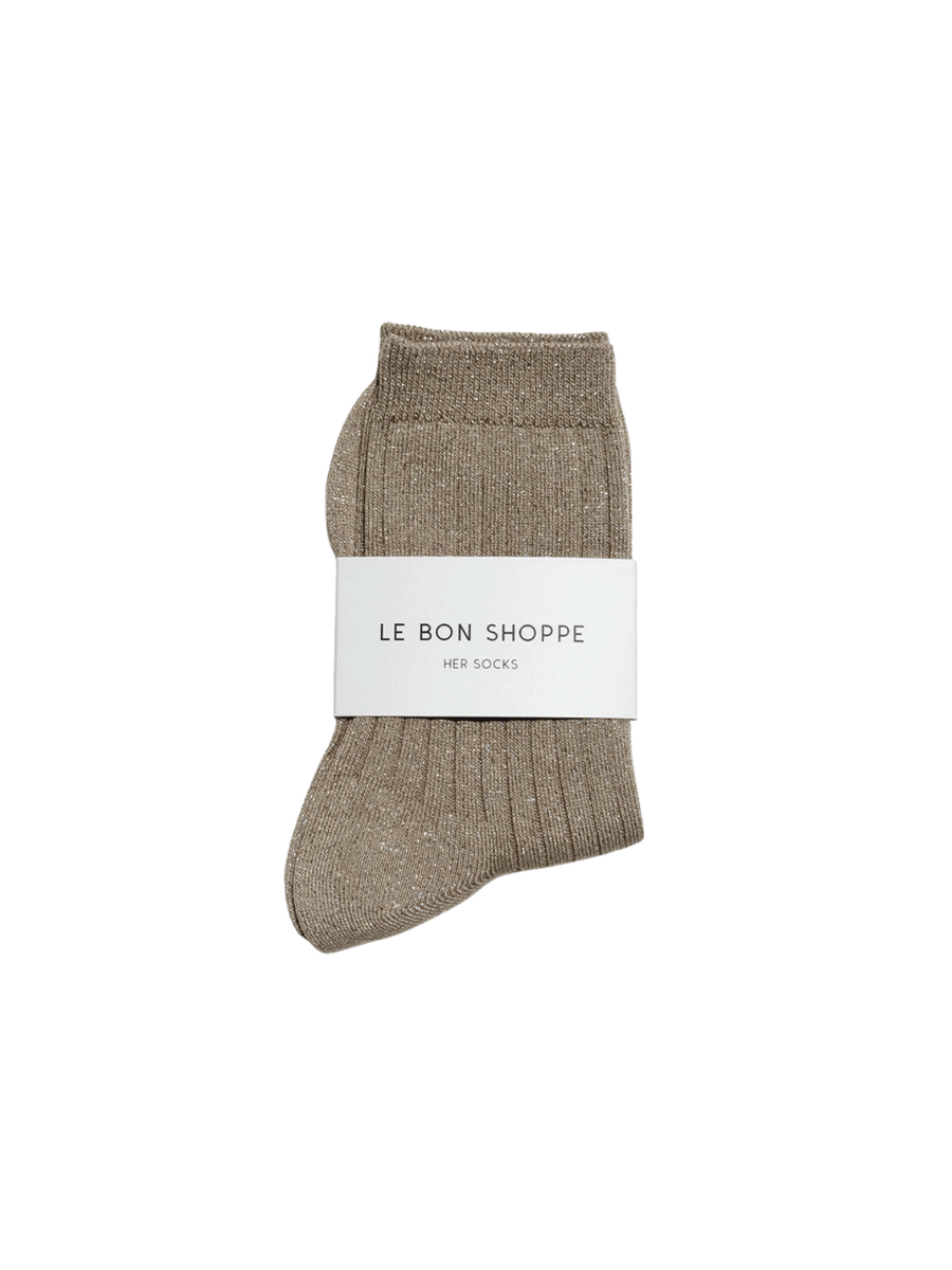 Le Bon Shoppe Her Socks Lurex in Ash Glitter folded with branded packaging, featuring a ribbed knit and metallic shimmer | Twentyseven Toronto