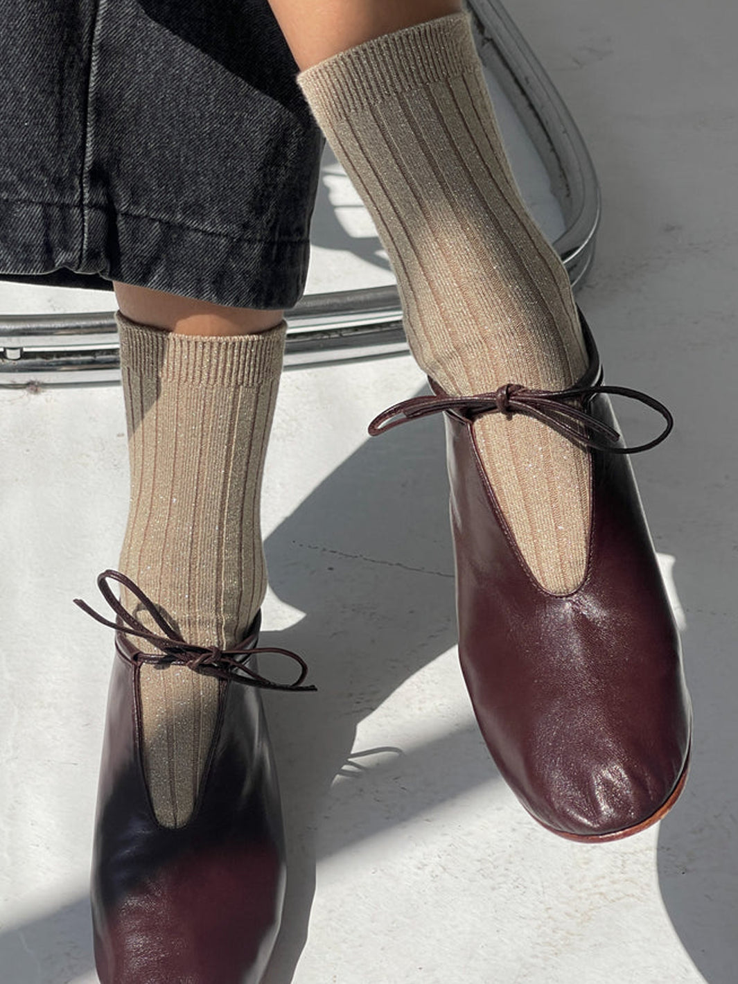 Le Bon Shoppe Her Socks Lurex in Ash Glitter styled with burgundy lace-up flats and black jeans | Twentyseven Toronto