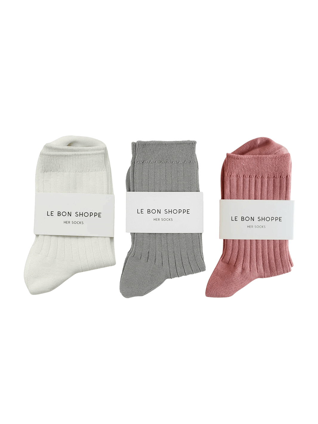 Three pairs of Le Bon Shoppe Her Socks in 'Stone', 'Classic White', and 'Desert Rose'| Twentyseven Toronto