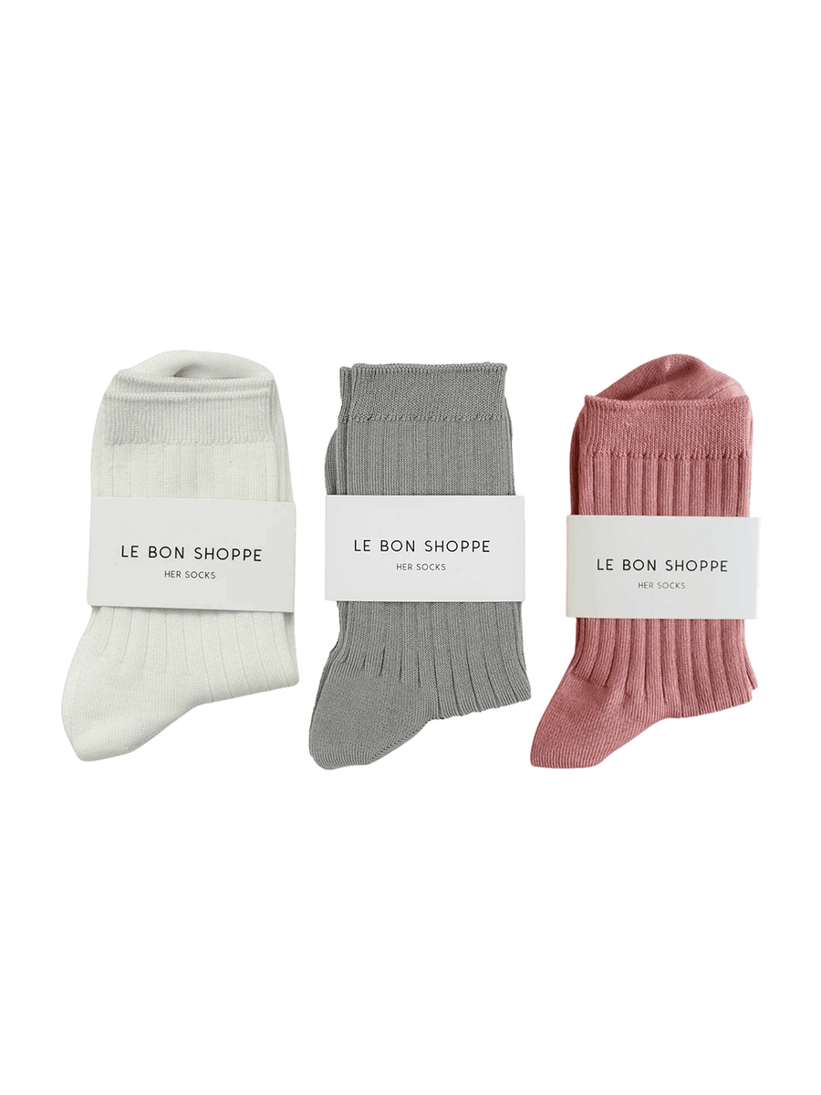 Three pairs of Le Bon Shoppe Her Socks in 'Stone', 'Classic White', and 'Desert Rose'| Twentyseven Toronto