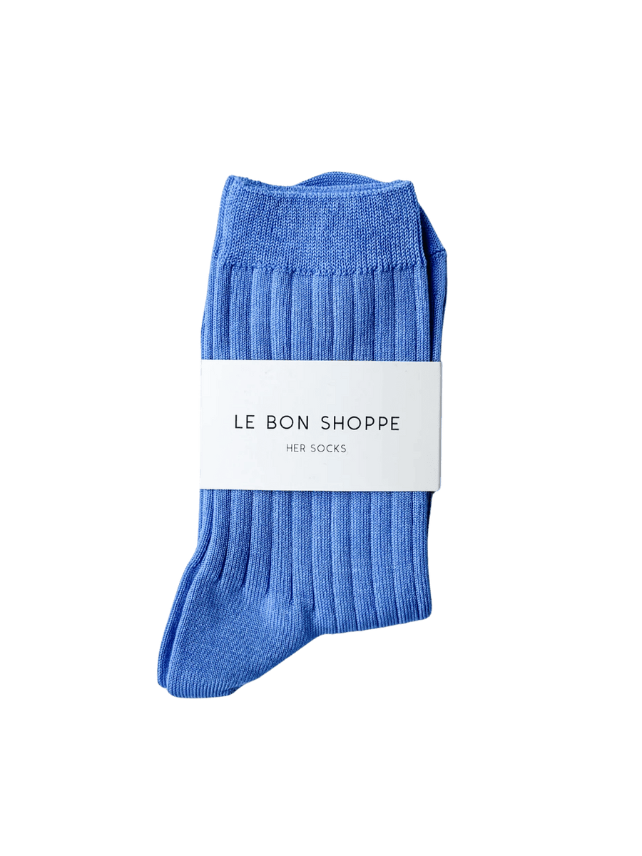 Le Bon Shoppe Her Socks (MC Cotton) in Periwinkle with a white label on a transparent background | Twentyseven Toronto