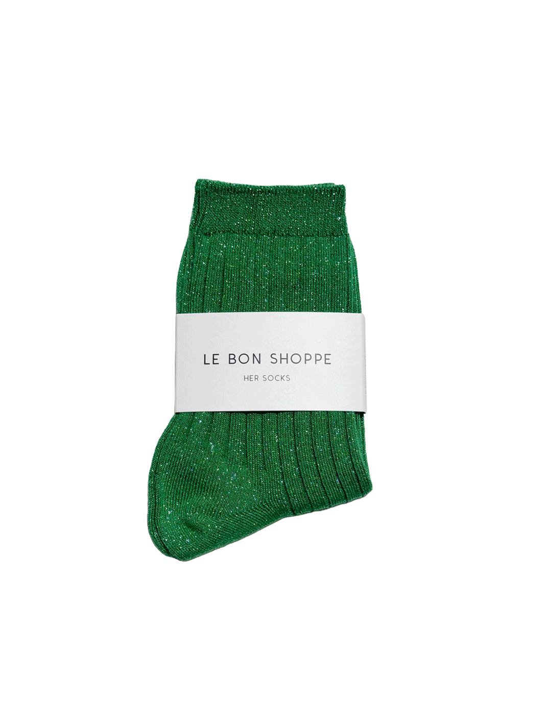 Le Bon Shoppe Her Socks Lurex in Emerald Glitter folded with branded packaging, featuring a ribbed knit and metallic shimmer | Twentyseven Toronto