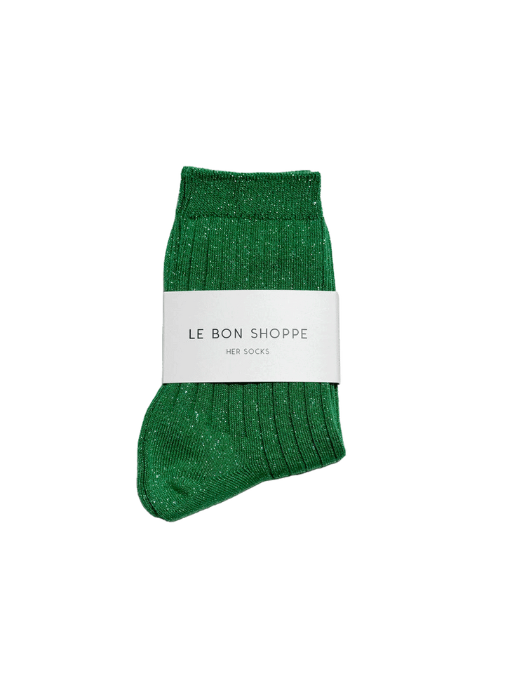 Le Bon Shoppe Her Socks Lurex in Emerald Glitter folded with branded packaging, featuring a ribbed knit and metallic shimmer | Twentyseven Toronto