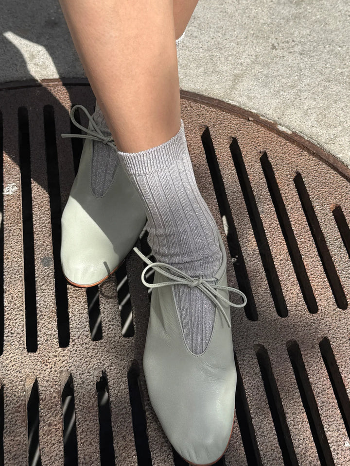 Le Bon Shoppe Her Socks Lurex in Silver styled with light grey lace-up flats | Twentyseven Toronto