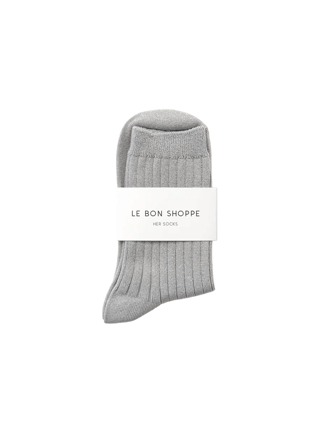 Le Bon Shoppe Her Socks Lurex in Silver folded with branded packaging, featuring a ribbed knit and metallic shimmer | Twentyseven Toronto