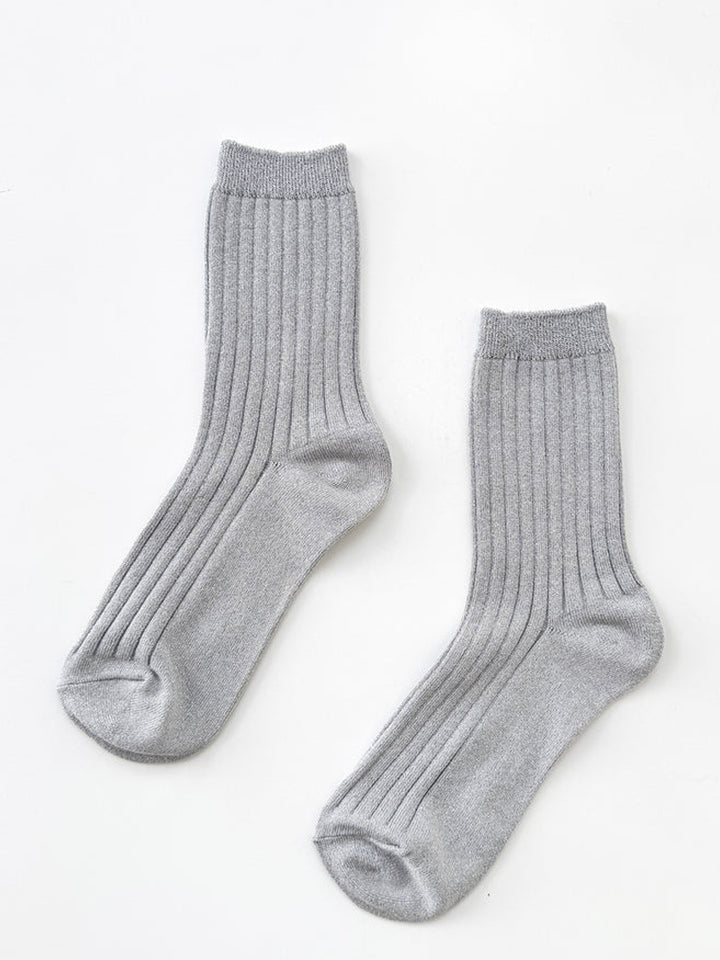 Pair of Le Bon Shoppe Her Socks Lurex in Silver featuring a ribbed texture and subtle metallic shimmer | Twentyseven Toronto