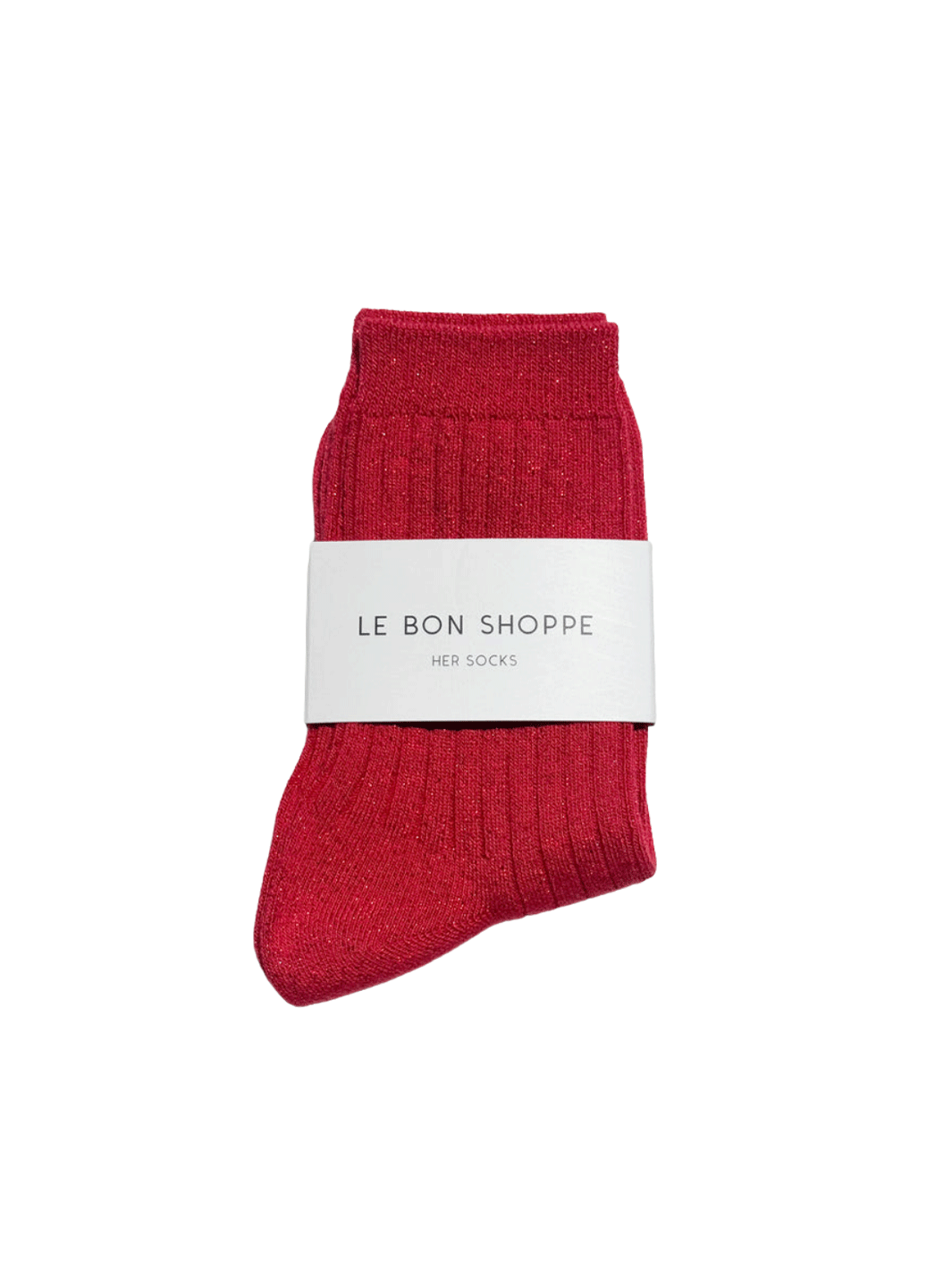 Le Bon Shoppe Her Socks Lurex in Ruby Glitter folded with branded packaging, featuring a ribbed knit and metallic shimmer | Twentyseven Toronto