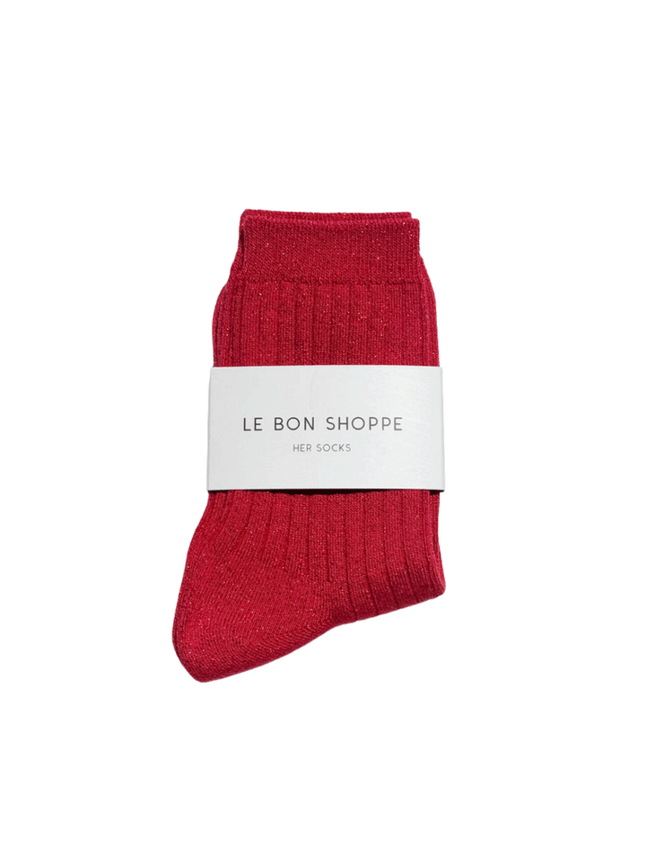 Le Bon Shoppe Her Socks Lurex in Ruby Glitter folded with branded packaging, featuring a ribbed knit and metallic shimmer | Twentyseven Toronto