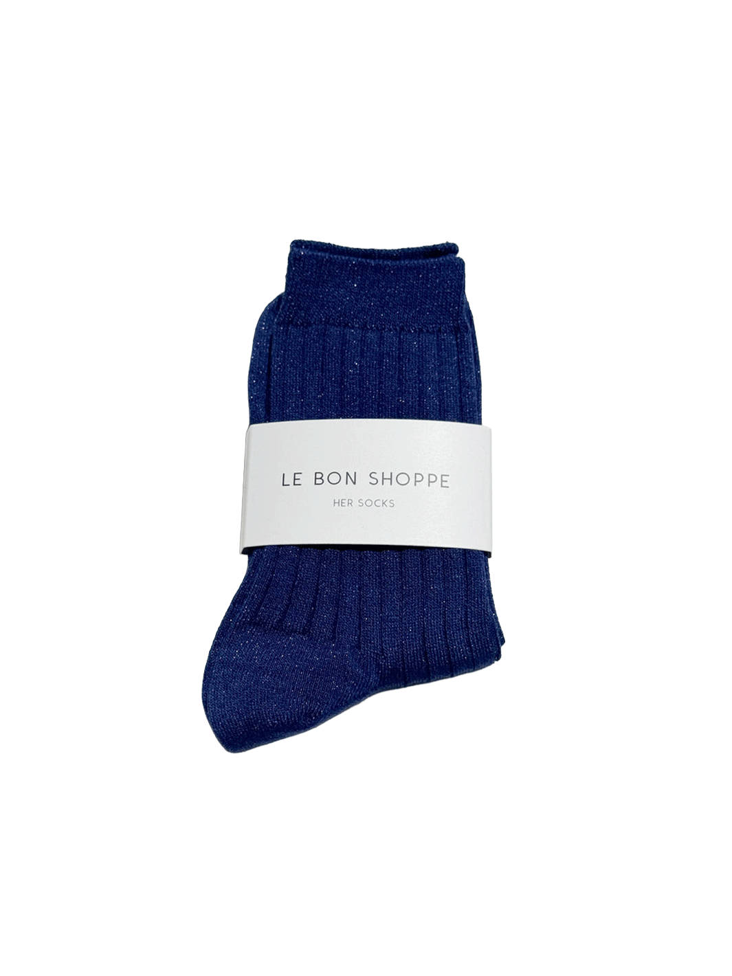 Le Bon Shoppe Her Socks Lurex in Sapphire Glitter folded with branded packaging, featuring a ribbed knit and subtle metallic shimmer | Twentyseven Toronto