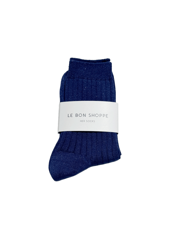 Le Bon Shoppe Her Socks Lurex in Sapphire Glitter folded with branded packaging, featuring a ribbed knit and subtle metallic shimmer | Twentyseven Toronto