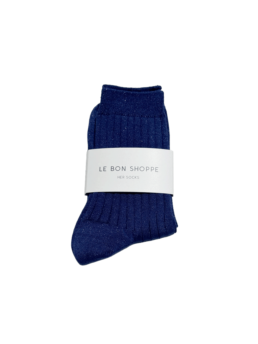 Le Bon Shoppe Her Socks Lurex in Sapphire Glitter folded with branded packaging, featuring a ribbed knit and subtle metallic shimmer | Twentyseven Toronto