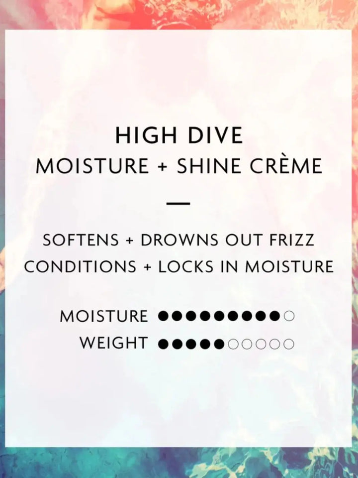 A text graphic outlines the key benefits of R+Co HIGH DIVE Moisture & Shine Crème, noting that it softens hair, conditions, and locks in moisture | Twentyseven Toronto