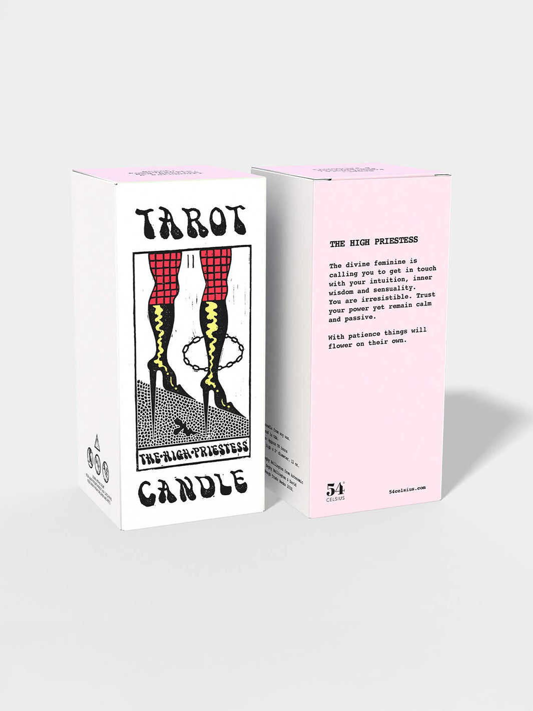 54 Celsius High Priestess Tarot Candle packaging featuring artwork by Sophy Hollington and a pink tarot reading panel | Twentyseven Toronto