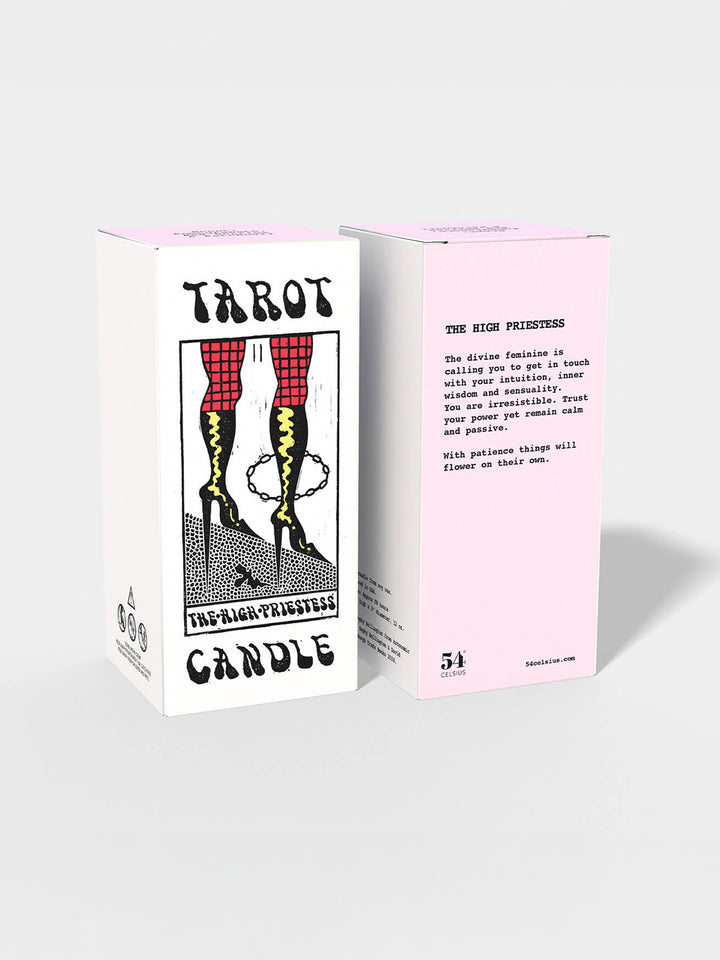 54 Celsius High Priestess Tarot Candle packaging featuring artwork by Sophy Hollington and a pink tarot reading panel | Twentyseven Toronto
