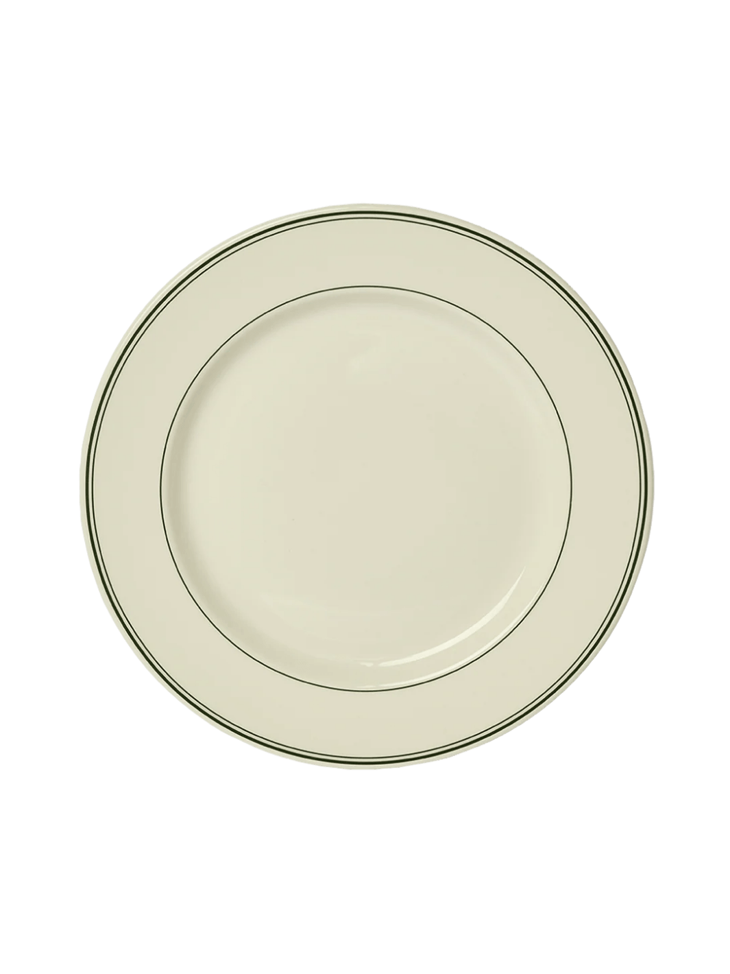 A top-down view showcases the circular design and concentric dark green border lines of the HL Greenband - Main Plate (11.12") from Fishs Eddy | Twentyseven Toronto