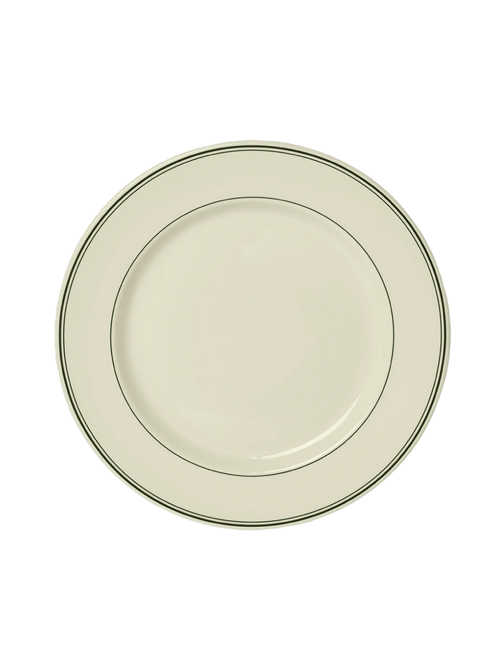 A top-down view showcases the circular design and concentric dark green border lines of the HL Greenband - Main Plate (11.12") from Fishs Eddy | Twentyseven Toronto