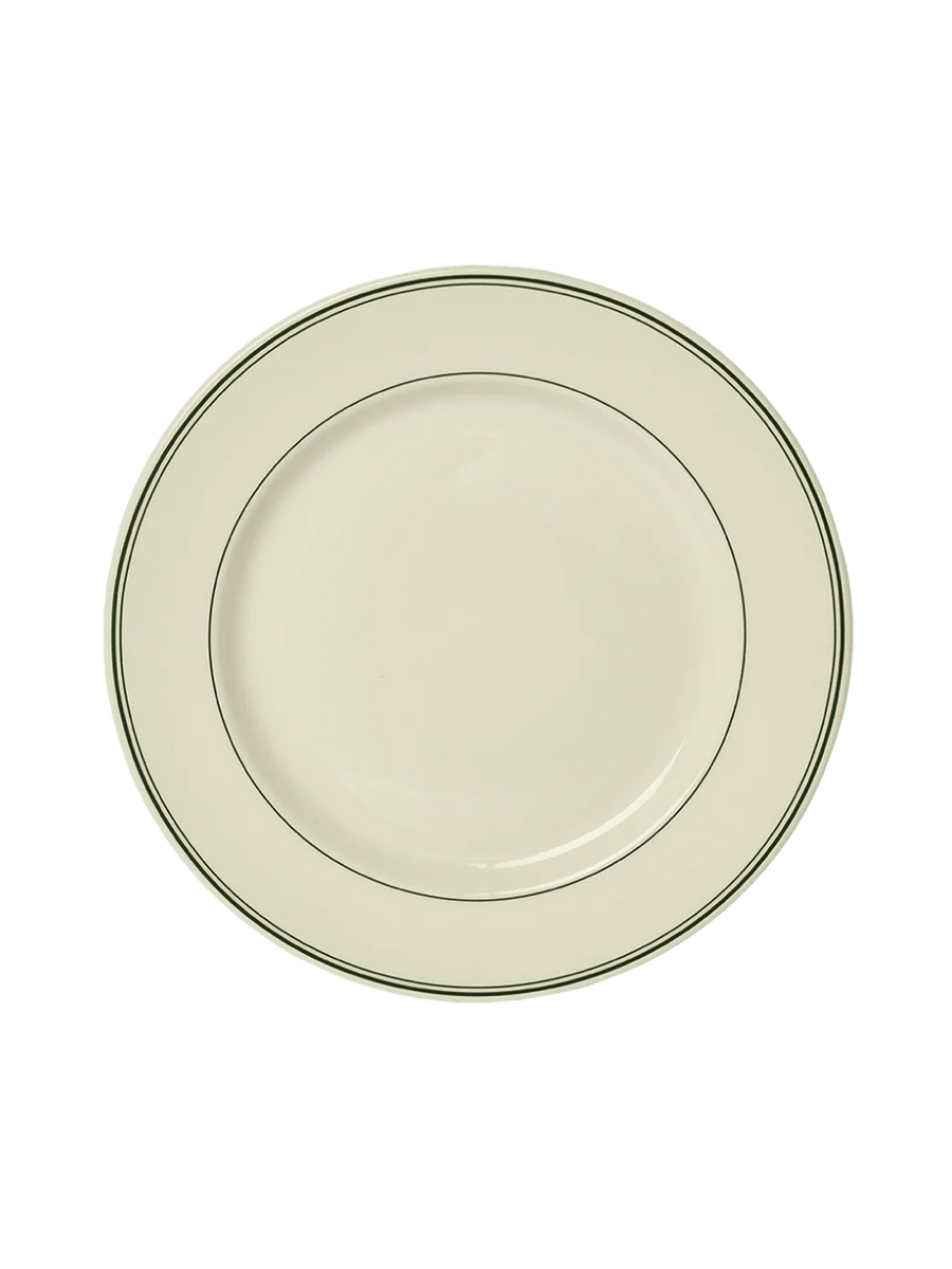A top-down view showcases the circular design and concentric dark green border lines of the HL Greenband - Main Plate (11.12") from Fishs Eddy | Twentyseven Toronto
