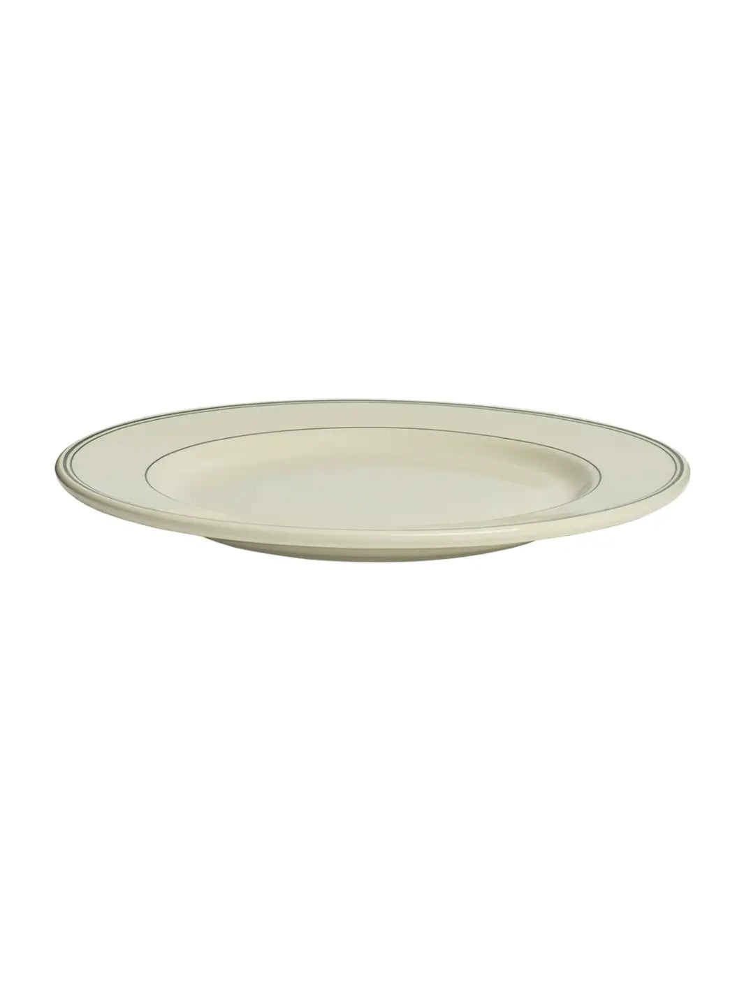 A side view of the HL Greenband - Main Plate (11.12") from Fishs Eddy, highlighting the classic cream ceramic build and signature green rim striping | Twentyseven Toronto