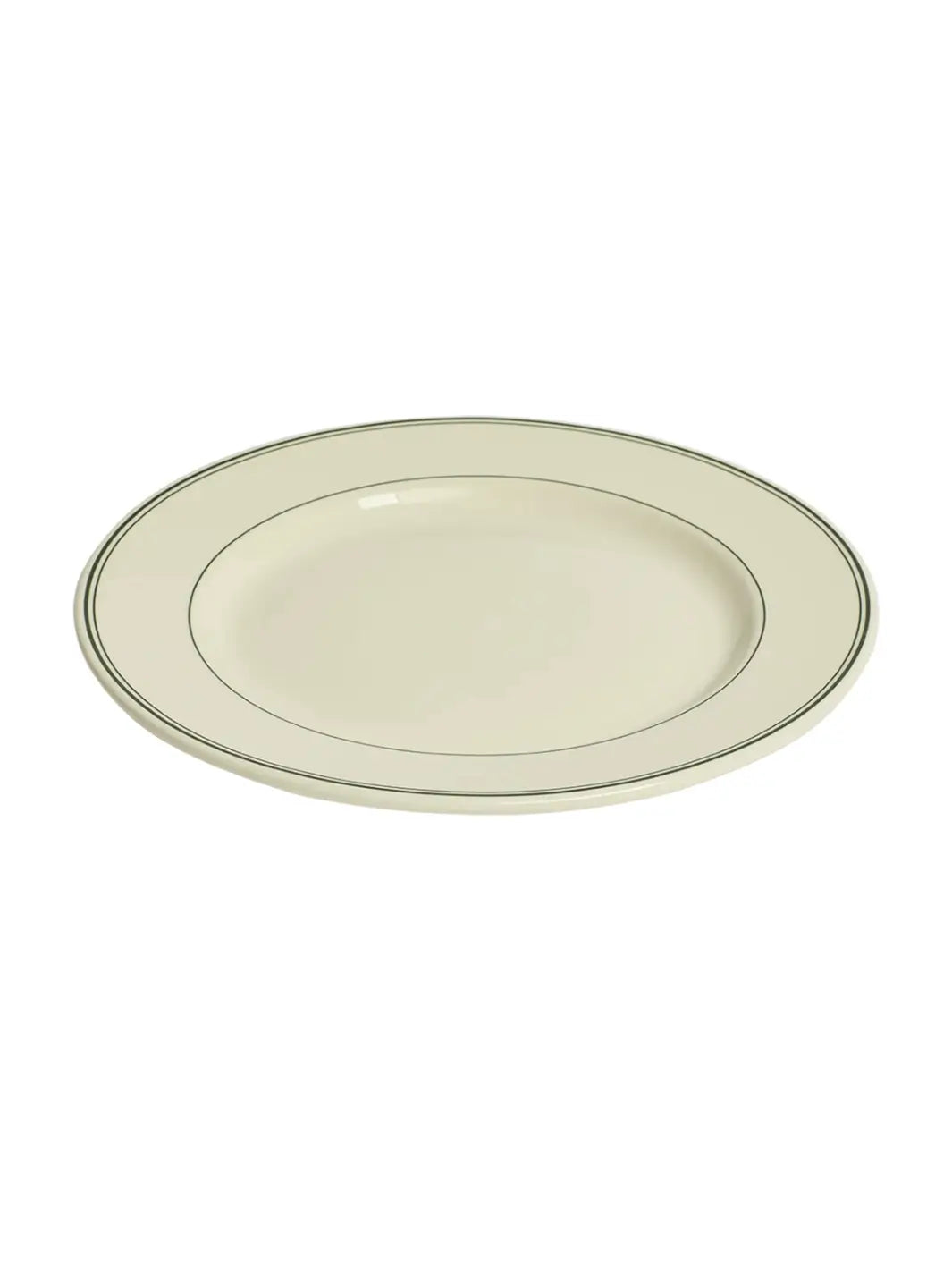 An angled overhead view displays the smooth surface and vintage diner-style aesthetic of the HL Greenband - Main Plate (11.12") from Fishs Eddy | Twentyseven Toronto