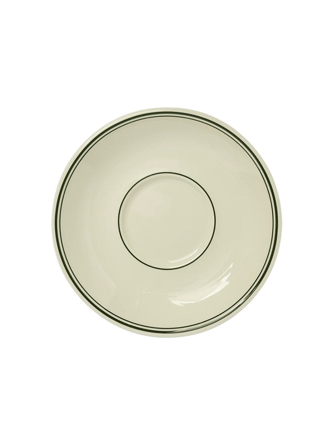 A top-down overhead view of an off-white HL Greenband - Saucer (6") from Fishs Eddy showing green stripes and center indentation | Twentyseven Toronto