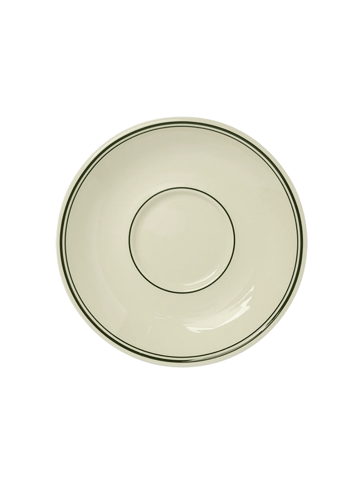 A top-down overhead view of an off-white HL Greenband - Saucer (6") from Fishs Eddy showing green stripes and center indentation | Twentyseven Toronto