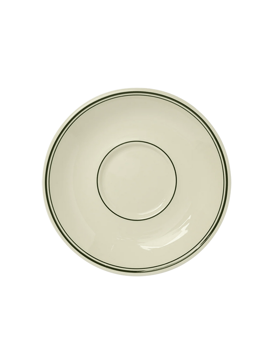 A top-down overhead view of an off-white HL Greenband - Saucer (6") from Fishs Eddy showing green stripes and center indentation | Twentyseven Toronto