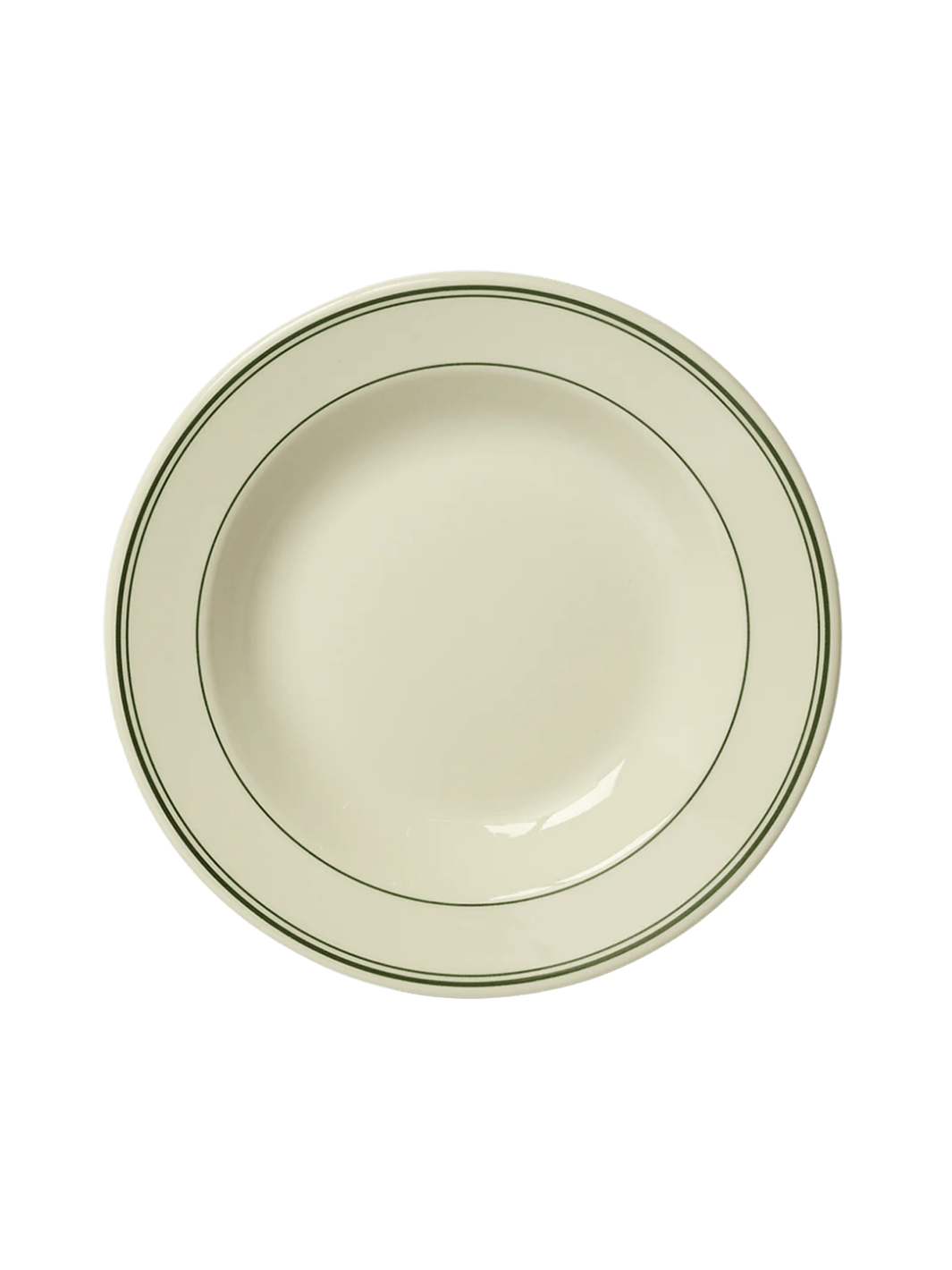 A direct overhead shot displays the perfectly circular shape and concentric dark green stripes of the HL Greenband - Soup Bowl (12.75oz) from Fishs Eddy | Twentyseven Toronto
