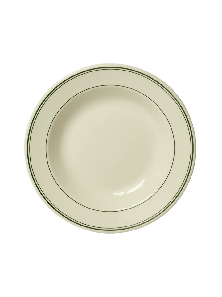 A direct overhead shot displays the perfectly circular shape and concentric dark green stripes of the HL Greenband - Soup Bowl (12.75oz) from Fishs Eddy | Twentyseven Toronto
